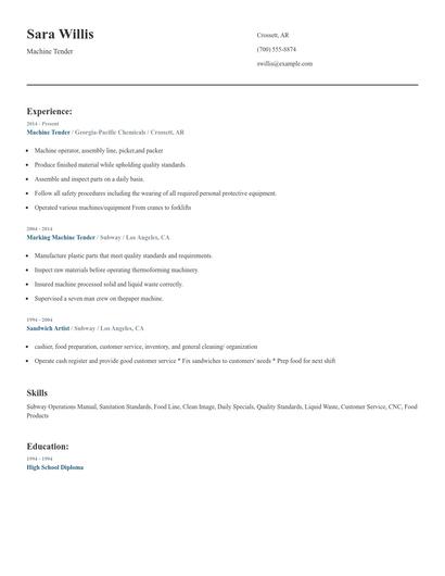 Machine Tender Resume
