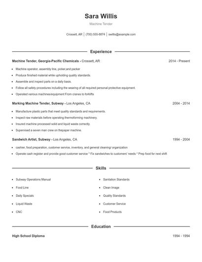 Machine Tender Resume
