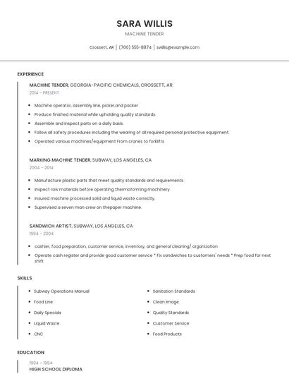 Machine Tender Resume