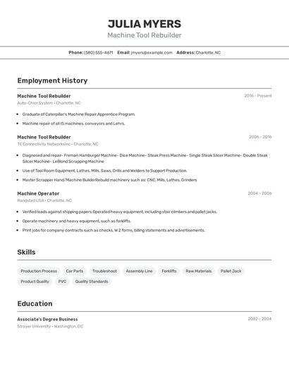Machine Tool Rebuilder Resume