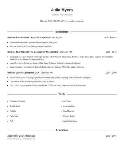 Machine Tool Rebuilder Resume