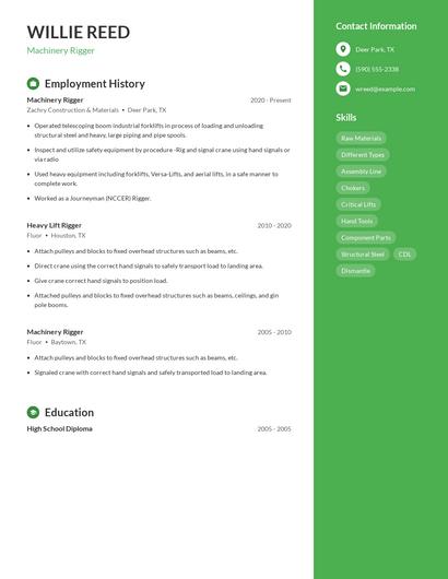 Machinery Rigger Resume