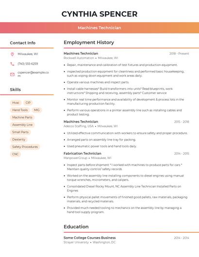 Machines Technician Resume