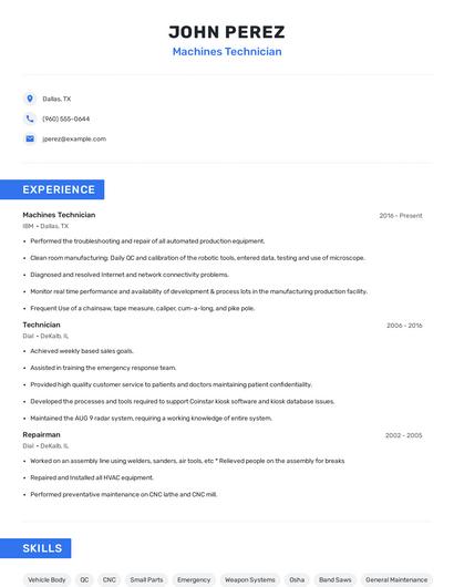 Machines Technician Resume