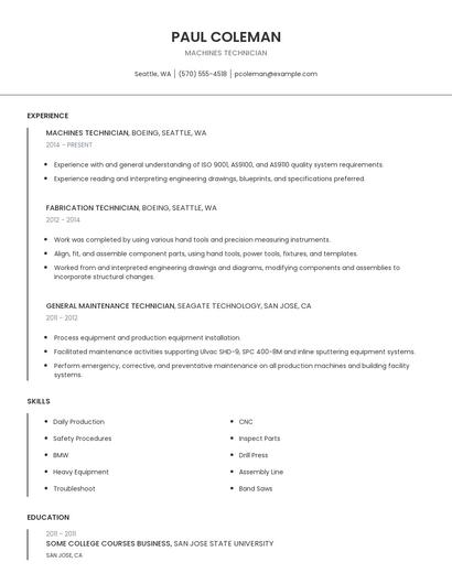Machines Technician Resume