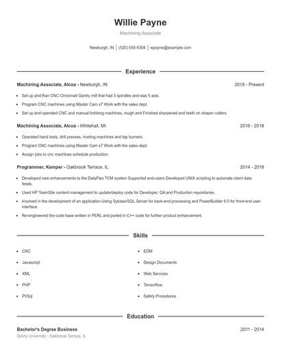Machining Associate Resume