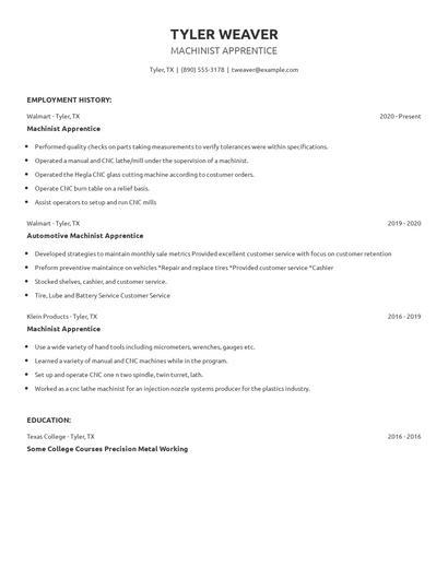 Machinist Apprentice Resume