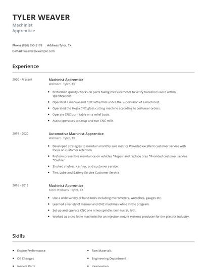 Machinist Apprentice Resume