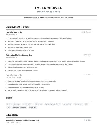 Machinist Apprentice Resume