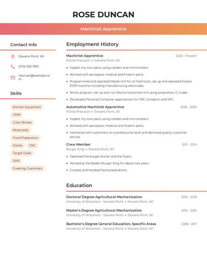 Machinist Apprentice Resume