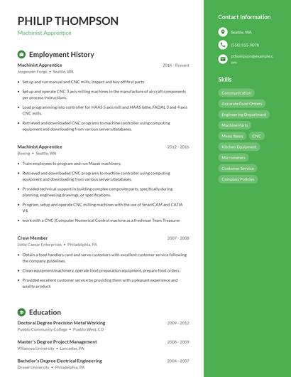 Machinist Apprentice Resume