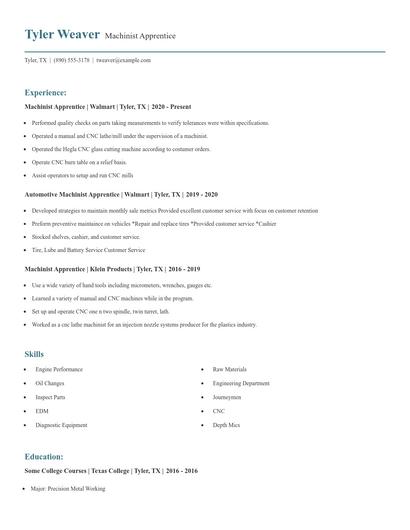 Machinist Apprentice Resume