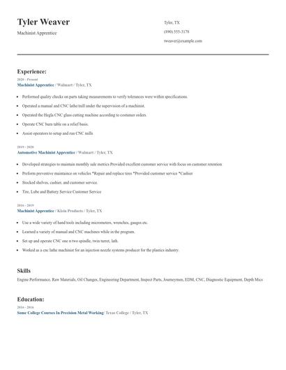 Machinist Apprentice Resume