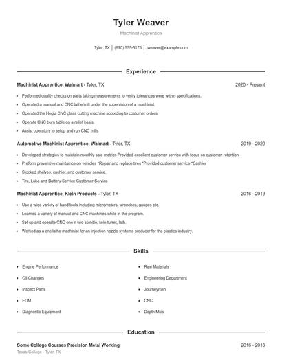 Machinist Apprentice Resume