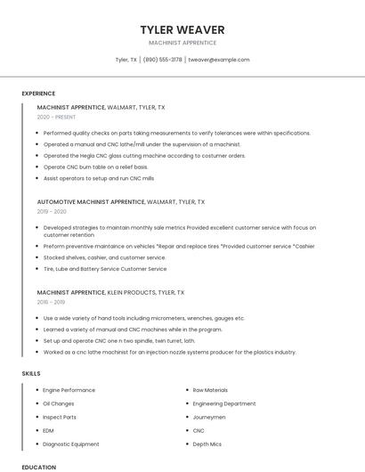 Machinist Apprentice Resume