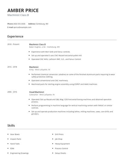 Machinist Class B Resume