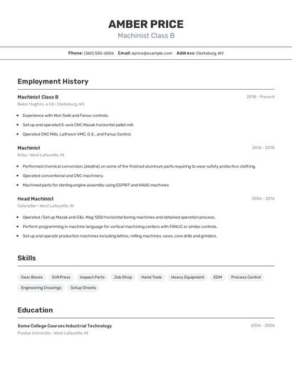 Machinist Class B Resume