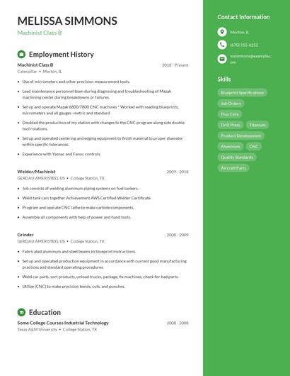 Machinist Class B Resume