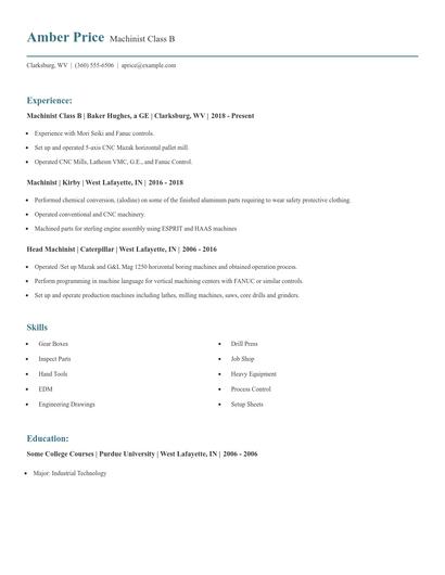 Machinist Class B Resume
