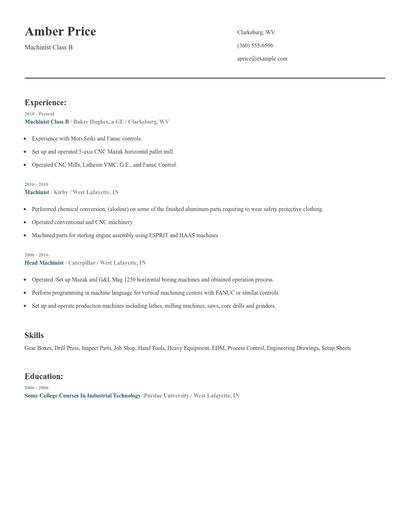 Machinist Class B Resume