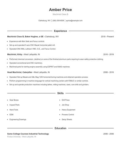 Machinist Class B Resume