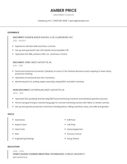 Machinist Class B Resume