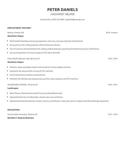 Machinist Helper Resume