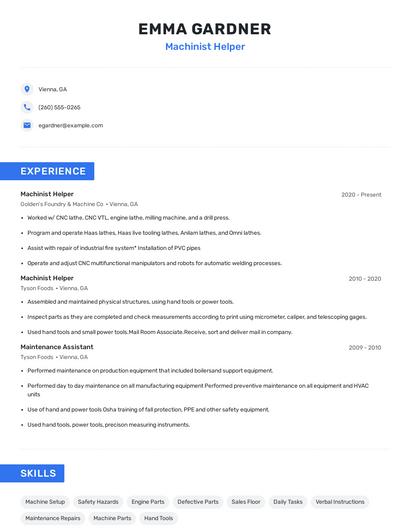 Machinist Helper Resume