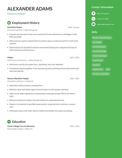 Machinist Helper Resume