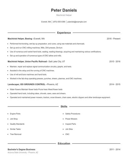 Machinist Helper Resume