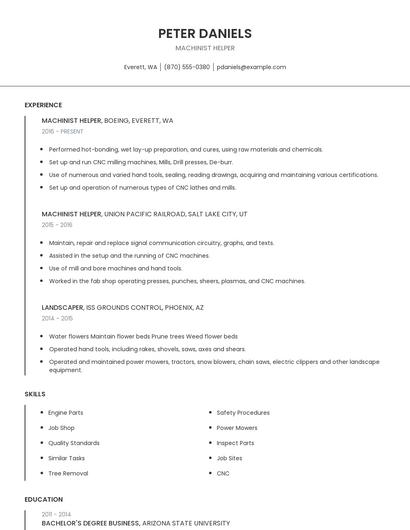 Machinist Helper Resume