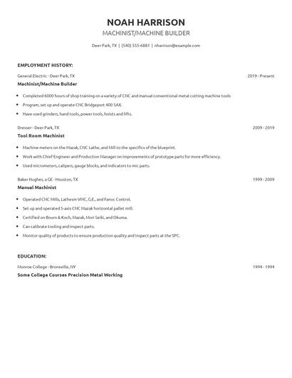 Machinist/Machine Builder Resume