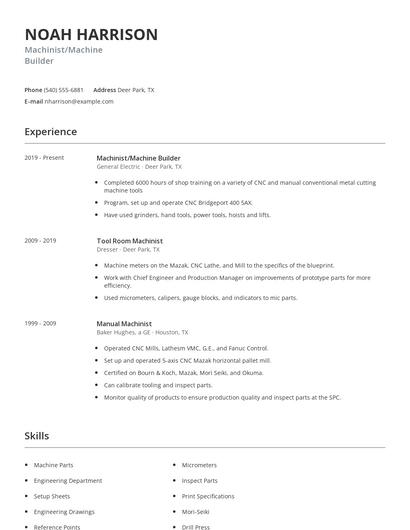 Machinist/Machine Builder Resume