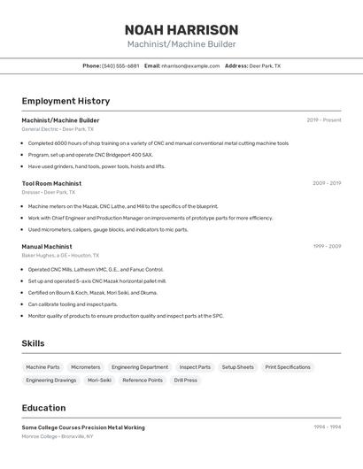 Machinist/Machine Builder Resume