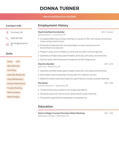 Machinist/Machine Builder Resume