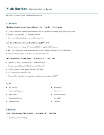 Machinist/Machine Builder Resume
