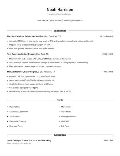 Machinist/Machine Builder Resume