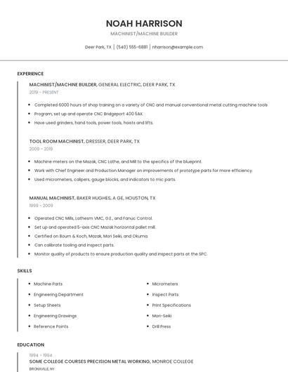 Machinist/Machine Builder Resume