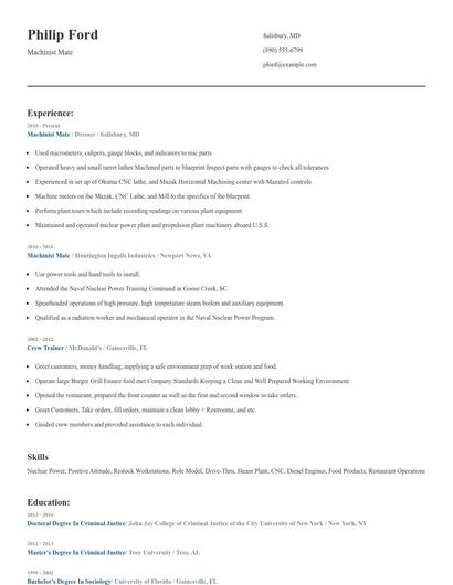 Machinist Mate Resume