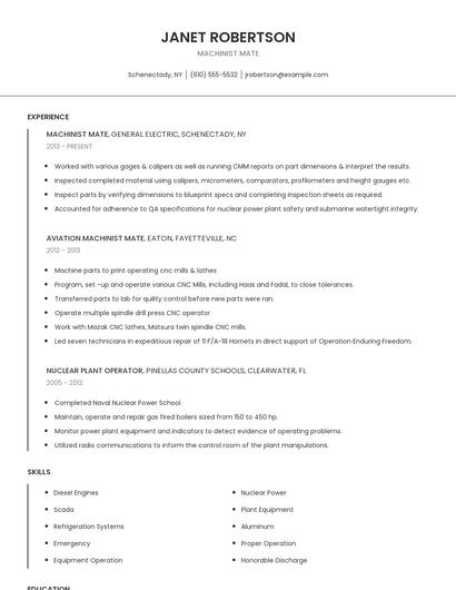 Machinist Mate Resume
