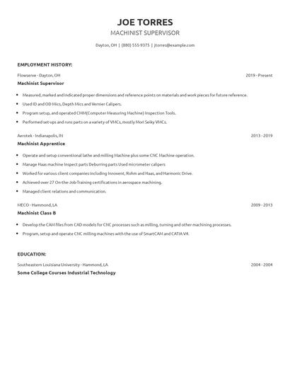 Machinist Supervisor Resume