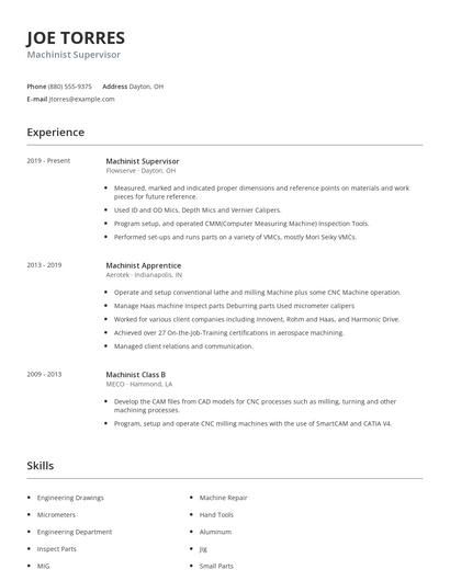 Machinist Supervisor Resume