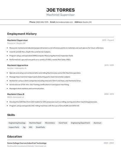 Machinist Supervisor Resume