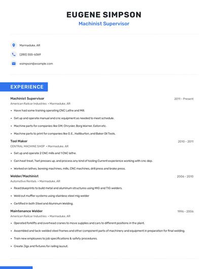 Machinist Supervisor Resume