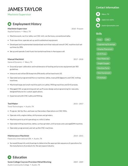 Machinist Supervisor Resume