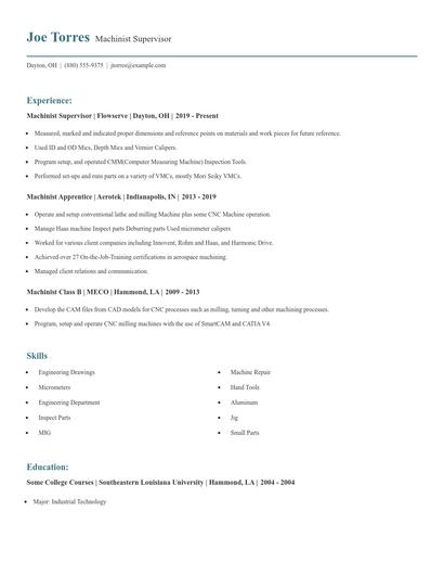Machinist Supervisor Resume