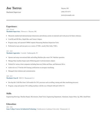 Machinist Supervisor Resume