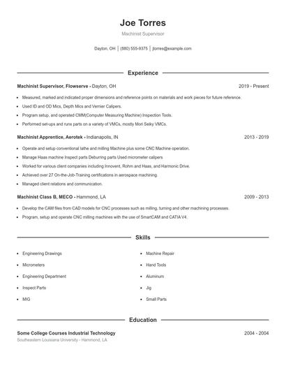 Machinist Supervisor Resume
