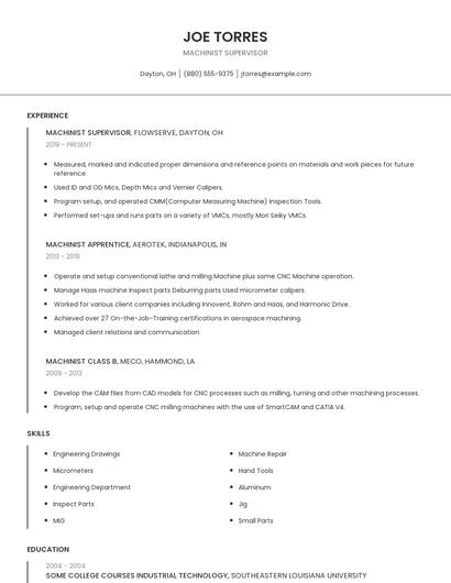 Machinist Supervisor Resume