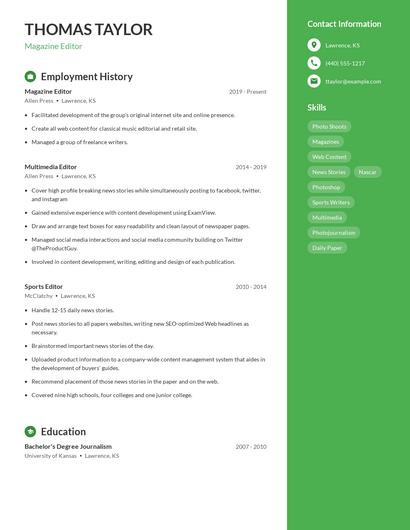 Magazine Editor Resume